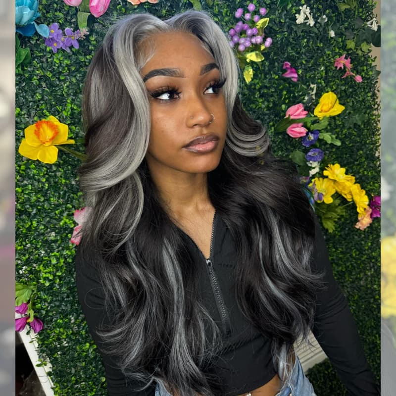 SWAY Gray Skunk Stripe Highlight Streaks HD Lace Front Human Hair Wigs