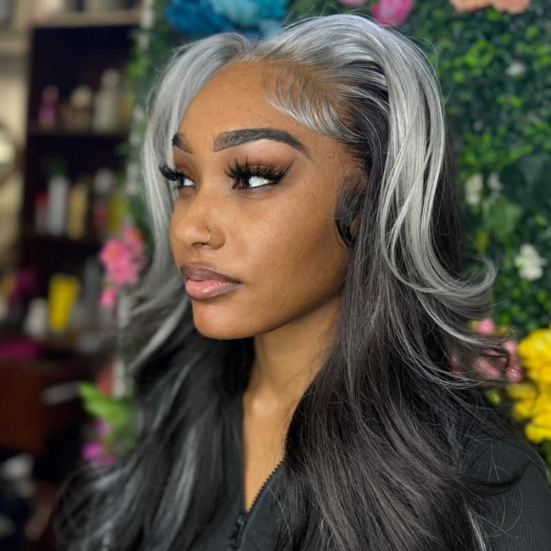 SWAY Gray Skunk Stripe Highlight Streaks HD Lace Front Human Hair Wigs
