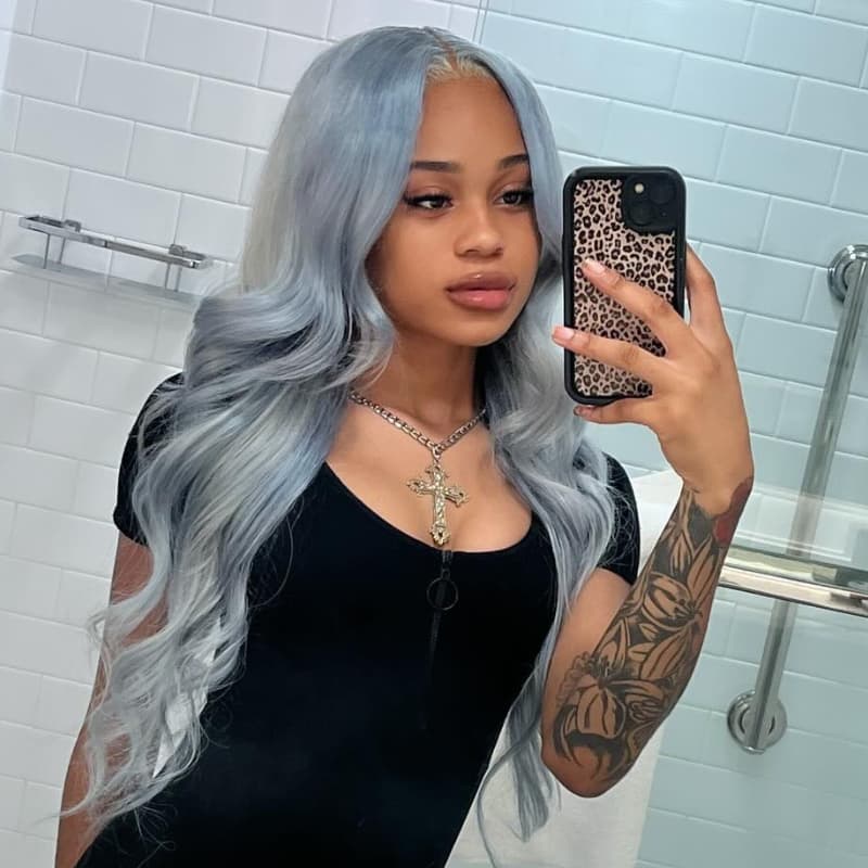 SWAY Grayish Blue Body Wave Curls 13x4 Lace Front Virgin Human Hair Wigs 200 Density