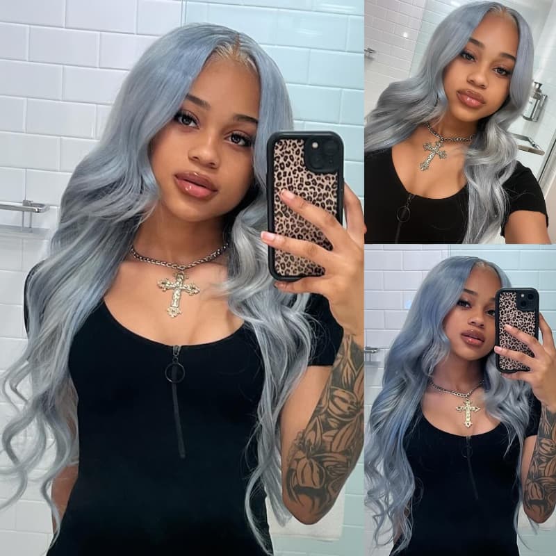 SWAY Grayish Blue Body Wave Curls 13x4 Lace Front Virgin Human Hair Wigs 200 Density