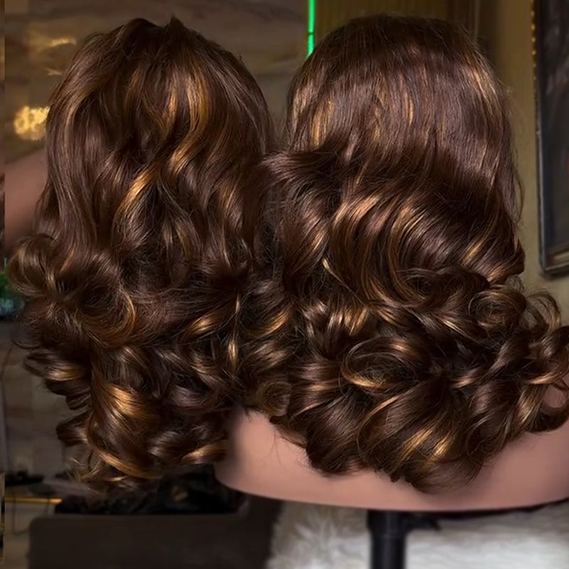 SWAY Honey Blonde Brown Highlights Body Wave 5x6 Glueless Human Hair Wigs