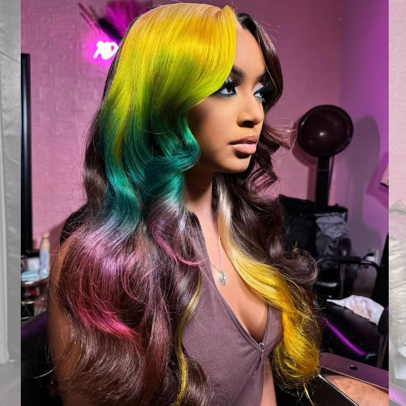 SWAY Multicolor Ombre Yellow Green Red Brown 13x4 HD Lace Front Human Wig