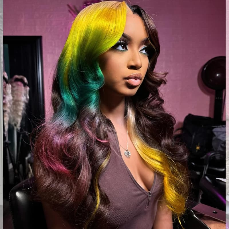 SWAY Multicolor Ombre Yellow Green Red Brown 13x4 HD Lace Front Human Wig