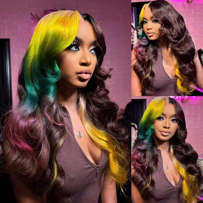 SWAY Multicolor Ombre Yellow Green Red Brown 13x4 HD Lace Front Human Wig