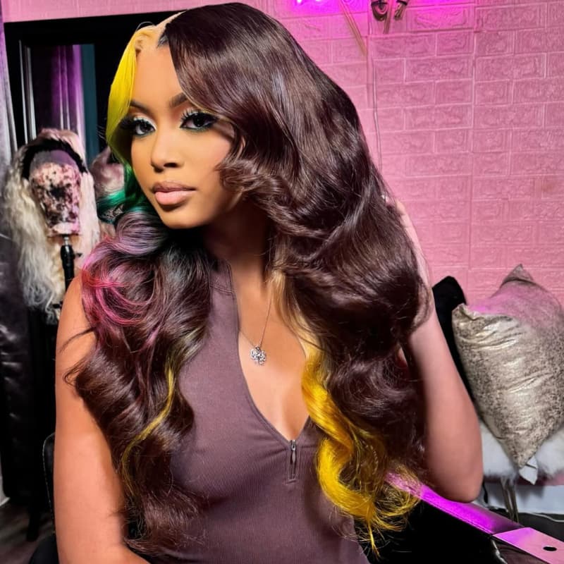 SWAY Multicolor Ombre Yellow Green Red Brown 13x4 HD Lace Front Human Wig
