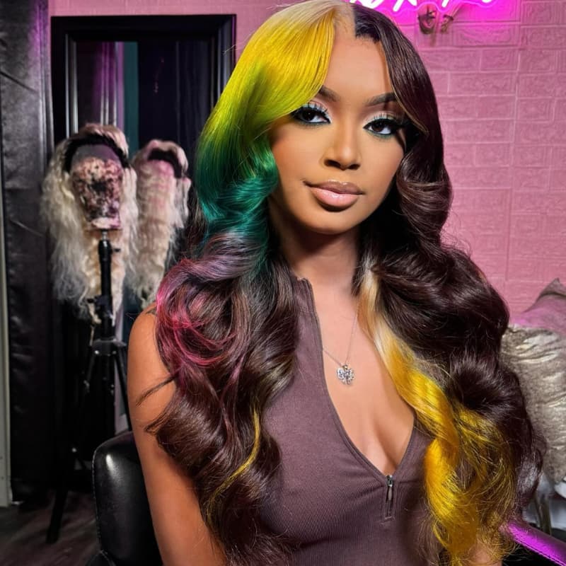 SWAY Multicolor Ombre Yellow Green Red Brown 13x4 HD Lace Front Human Wig