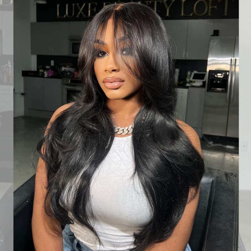 SWAY Natural Black Curtain Bangs 13x4 HD Lace Frontal Human Hair Wigs