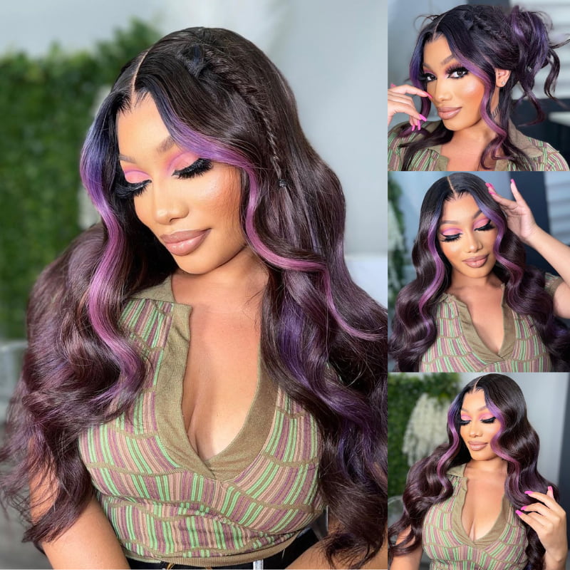 SWAY Natural Black With Purple Skunk Stripe Lace Front Human Hair Wigs
