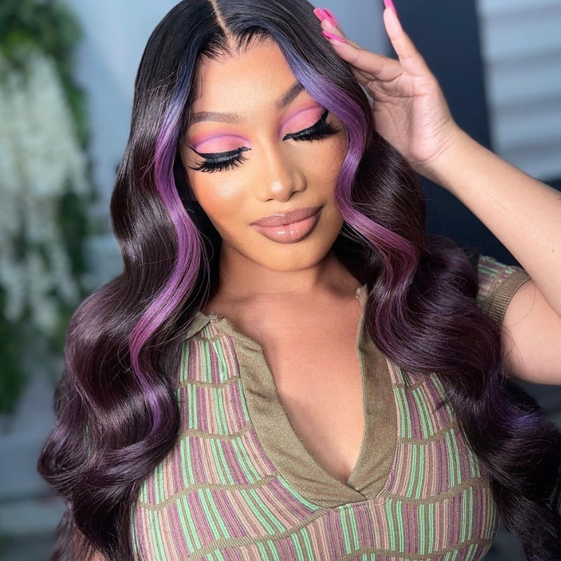 SWAY Natural Black With Purple Skunk Stripe Lace Front Human Hair Wigs