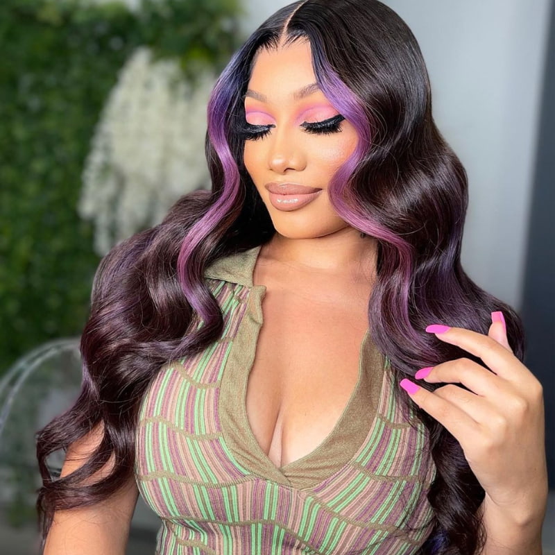 SWAY Natural Black With Purple Skunk Stripe Lace Front Human Hair Wigs
