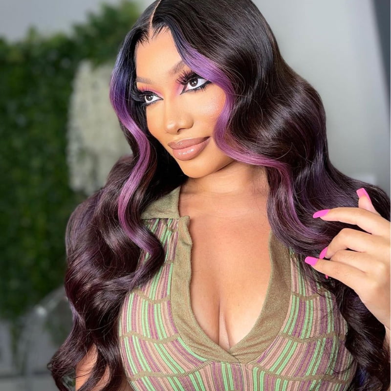 SWAY Natural Black With Purple Skunk Stripe Lace Front Human Hair Wigs