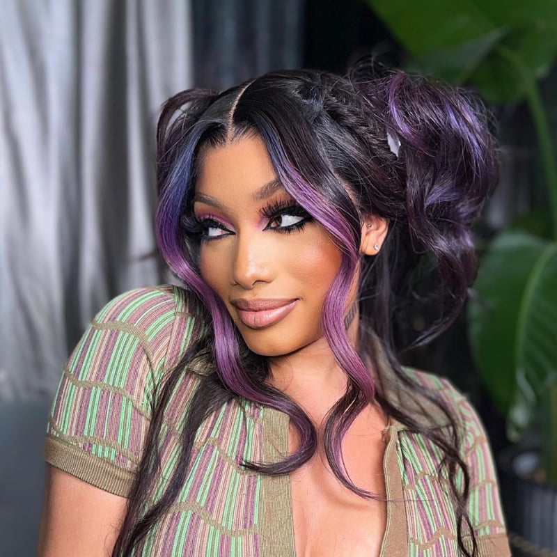SWAY Natural Black With Purple Skunk Stripe Lace Front Human Hair Wigs
