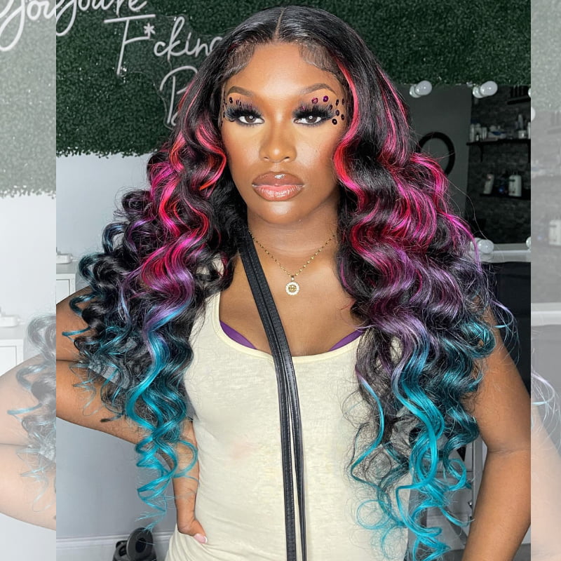 SWAY Ombre Black Pink Red Blue Highlights Lace Front Virgin Human Wigs