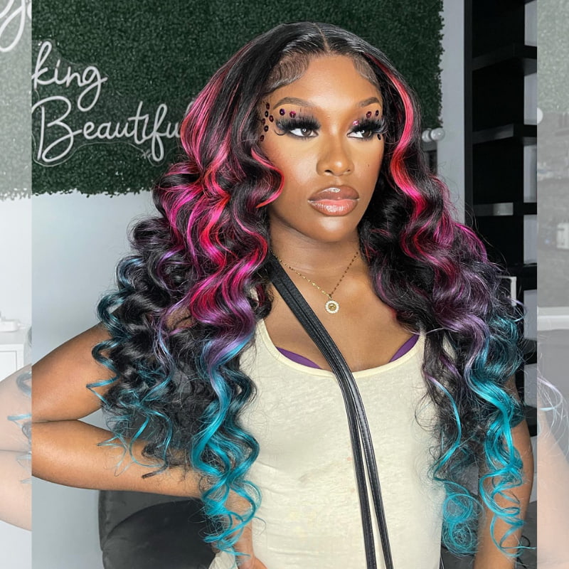 SWAY Ombre Black Pink Red Blue Highlights Lace Front Virgin Human Wigs