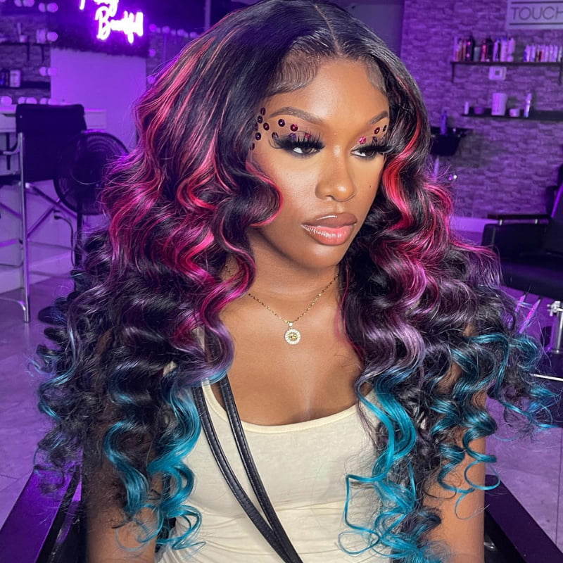 SWAY Ombre Black Pink Red Blue Highlights Lace Front Virgin Human Wigs