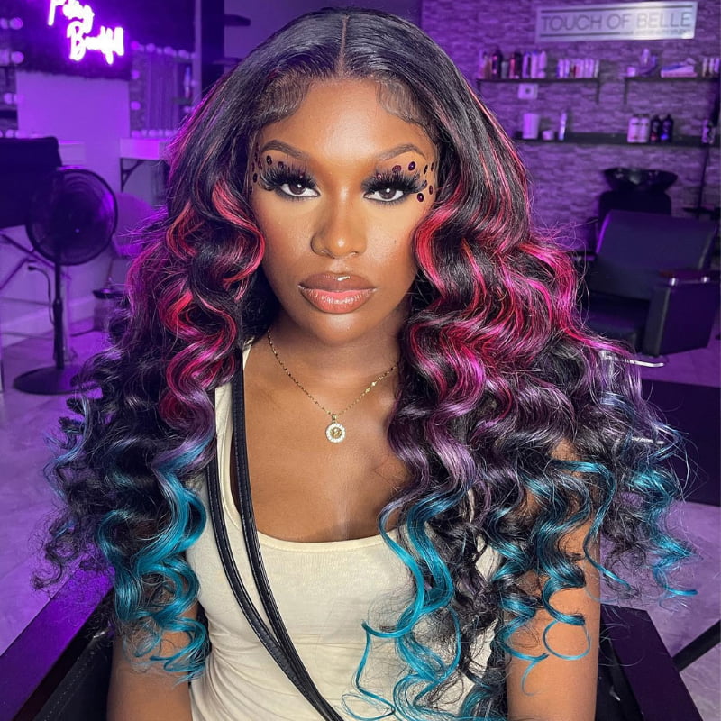 SWAY Ombre Black Pink Red Blue Highlights Lace Front Virgin Human Wigs