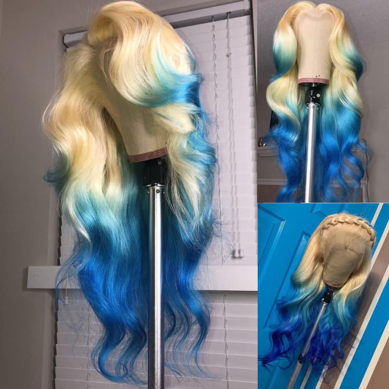 SWAY Ombre 613 Blonde Blue Colored 13x4 Lace Front Virgin Human Hair Wigs 200 Density