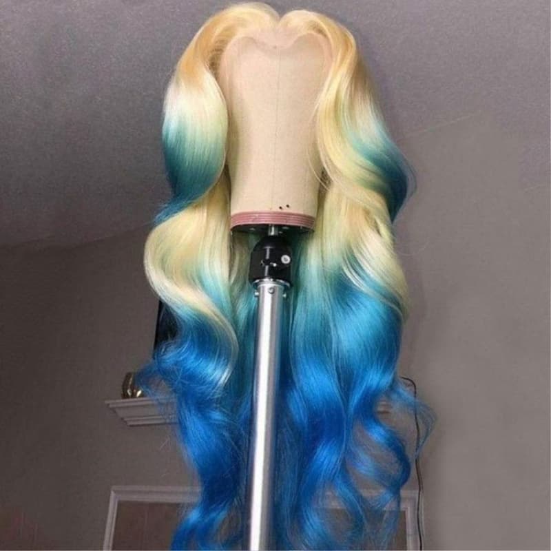 SWAY Ombre 613 Blonde Blue Colored 13x4 Lace Front Virgin Human Hair Wigs 200 Density
