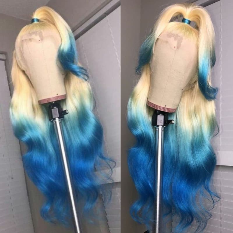 SWAY Ombre 613 Blonde Blue Colored 13x4 Lace Front Virgin Human Hair Wigs 200 Density