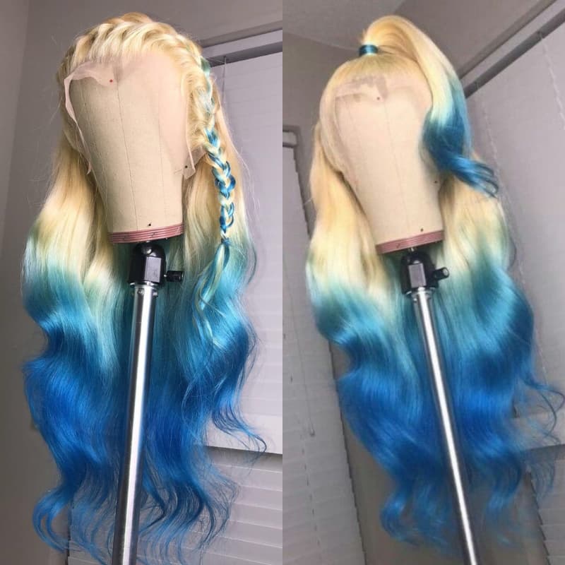 SWAY Ombre 613 Blonde Blue Colored 13x4 Lace Front Virgin Human Hair Wigs 200 Density