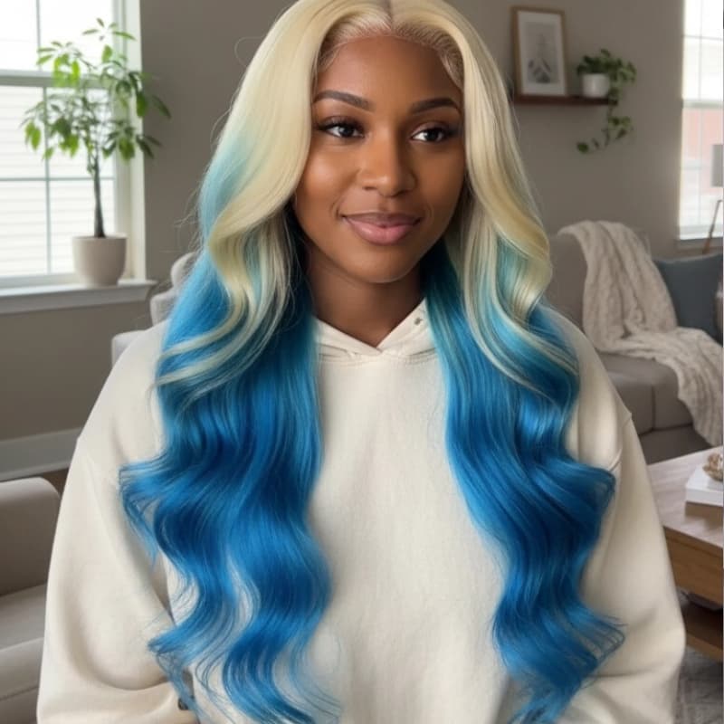 SWAY Ombre 613 Blonde Blue Colored 13x4 Lace Front Virgin Human Hair Wigs 200 Density