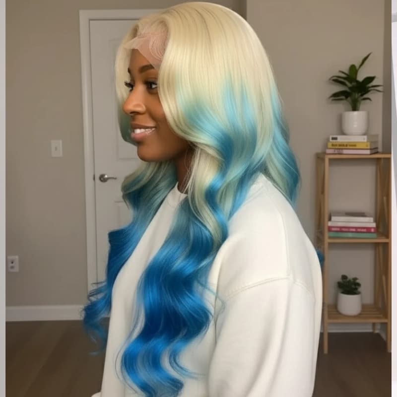 SWAY Ombre 613 Blonde Blue Colored 13x4 Lace Front Virgin Human Hair Wigs 200 Density