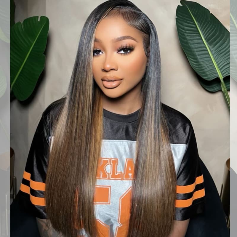 SWAY Ombre Black Brown Highlight Streak 13x4 Lace Front Human Hair Wig