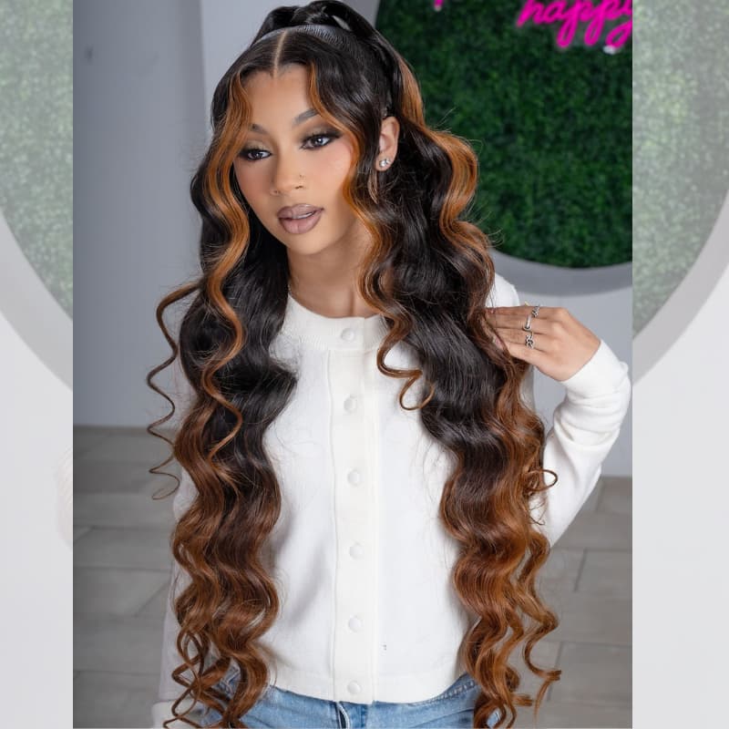 SWAY Ombre Black Brown Skunk Stripe 42 40 38 36 34 32 30 inch Knee Length Long 13x4 Lace Front Human Hair Wigs