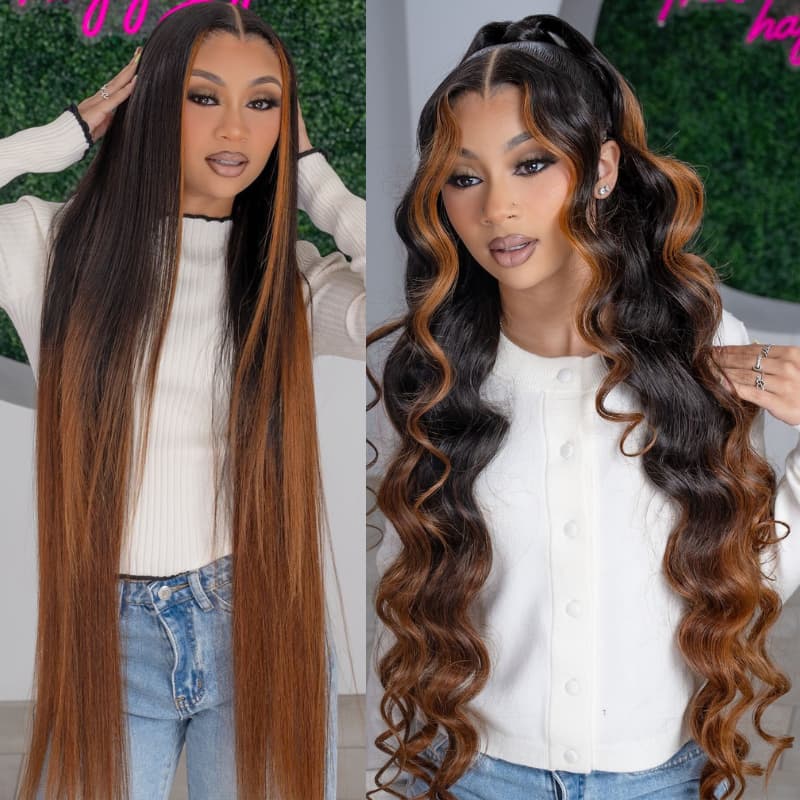 SWAY Ombre Black Brown Skunk Stripe 42 40 38 36 34 32 30 inch Knee Length Long 13x4 Lace Front Human Hair Wigs