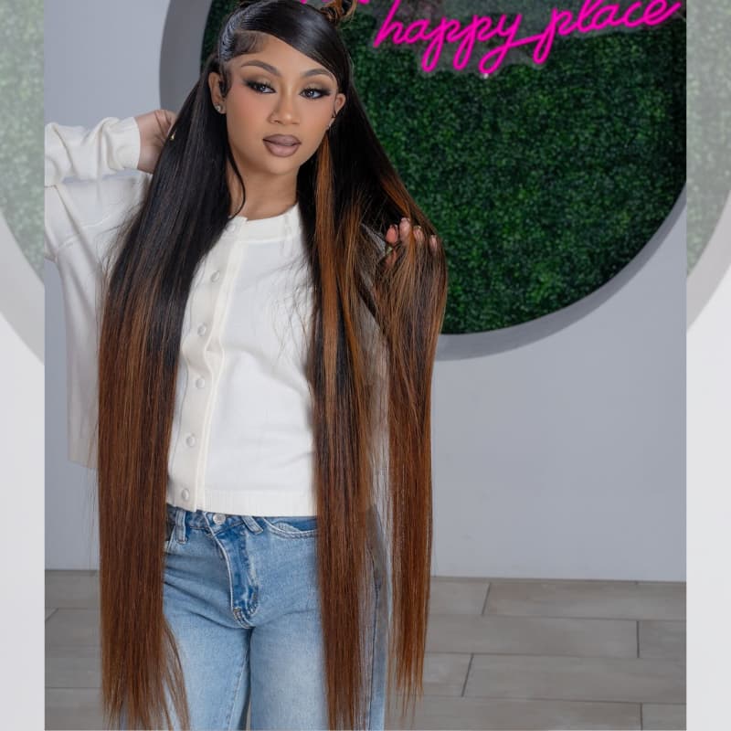 SWAY Ombre Black Brown Skunk Stripe 42 40 38 36 34 32 30 inch Knee Length Long 13x4 Lace Front Human Hair Wigs