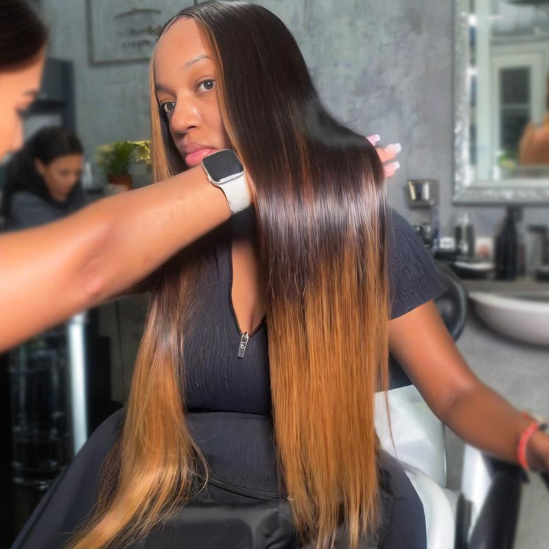 SWAY Ombre Black Brown Skunk Stripe Bone Straight 13x4 Lace Front Human Hair Wigs