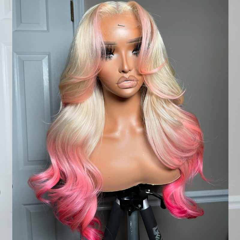SWAY Halloween Cosplay Ombre Blonde Pink Skunk Stripe 13x4 Lace Front Human Hair Wigs