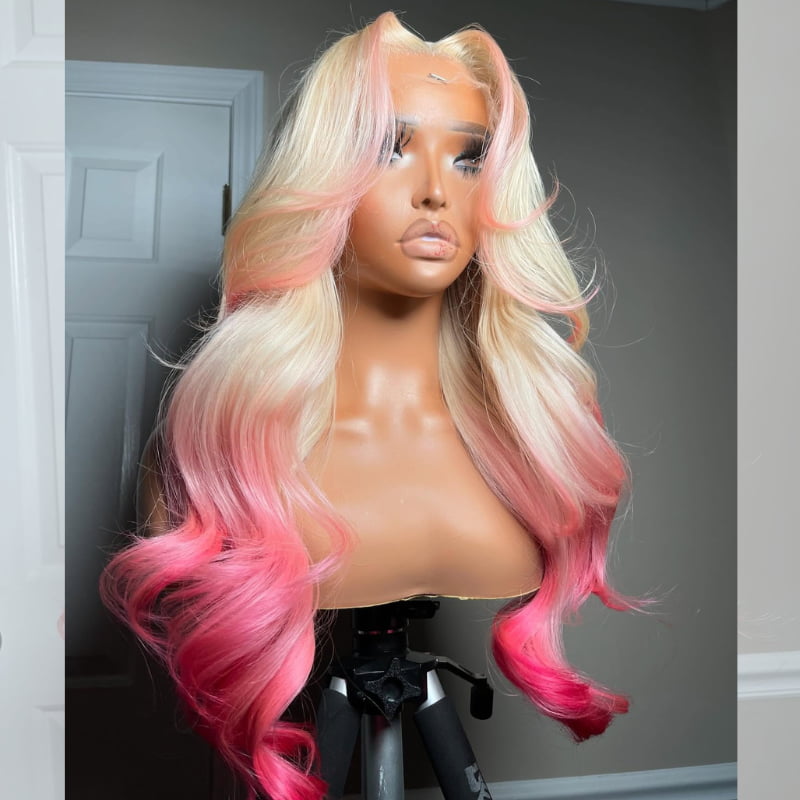 SWAY Halloween Cosplay Ombre Blonde Pink Skunk Stripe 13x4 Lace Front Human Hair Wigs