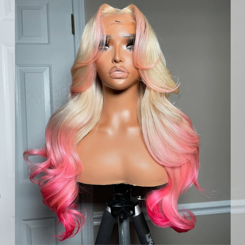 SWAY Halloween Cosplay Ombre Blonde Pink Skunk Stripe 13x4 Lace Front Human Hair Wigs