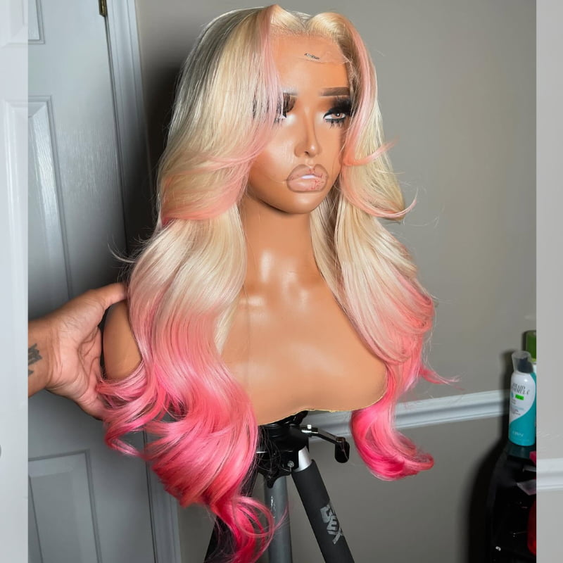 SWAY Halloween Cosplay Ombre Blonde Pink Skunk Stripe 13x4 Lace Front Human Hair Wigs