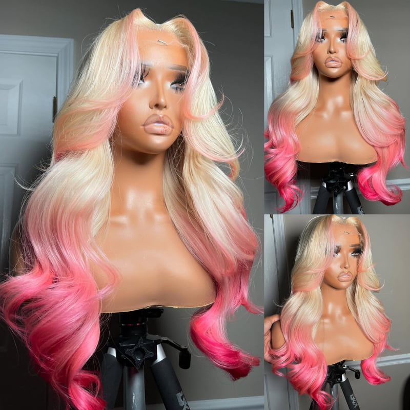 SWAY Halloween Cosplay Ombre Blonde Pink Skunk Stripe 13x4 Lace Front Human Hair Wigs