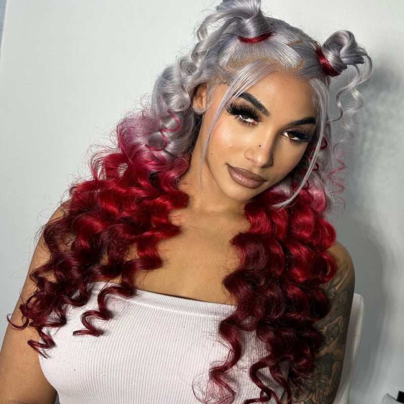 SWAY Halloween Cosplay Ombre Gray Burgundy Red 13x4 Lace Front Virgin Human Hair Wigs