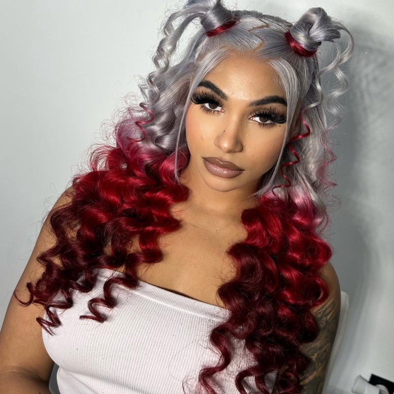 SWAY Halloween Cosplay Ombre Gray Burgundy Red 13x4 Lace Front Virgin Human Hair Wigs