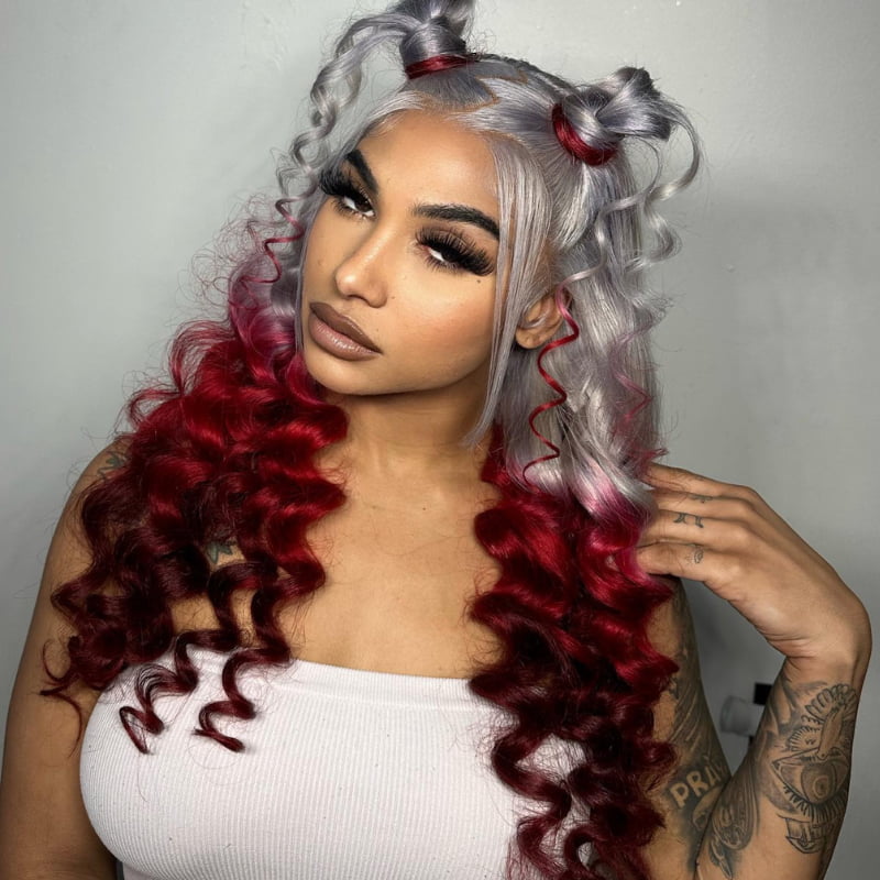 SWAY Halloween Cosplay Ombre Gray Burgundy Red 13x4 Lace Front Virgin Human Hair Wigs
