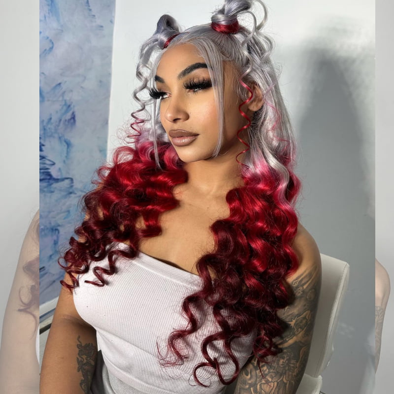 SWAY Halloween Cosplay Ombre Gray Burgundy Red 13x4 Lace Front Virgin Human Hair Wigs