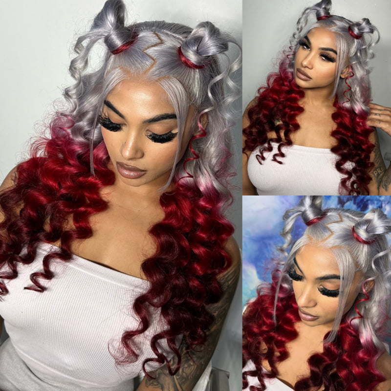 SWAY Halloween Cosplay Ombre Gray Burgundy Red 13x4 Lace Front Virgin Human Hair Wigs
