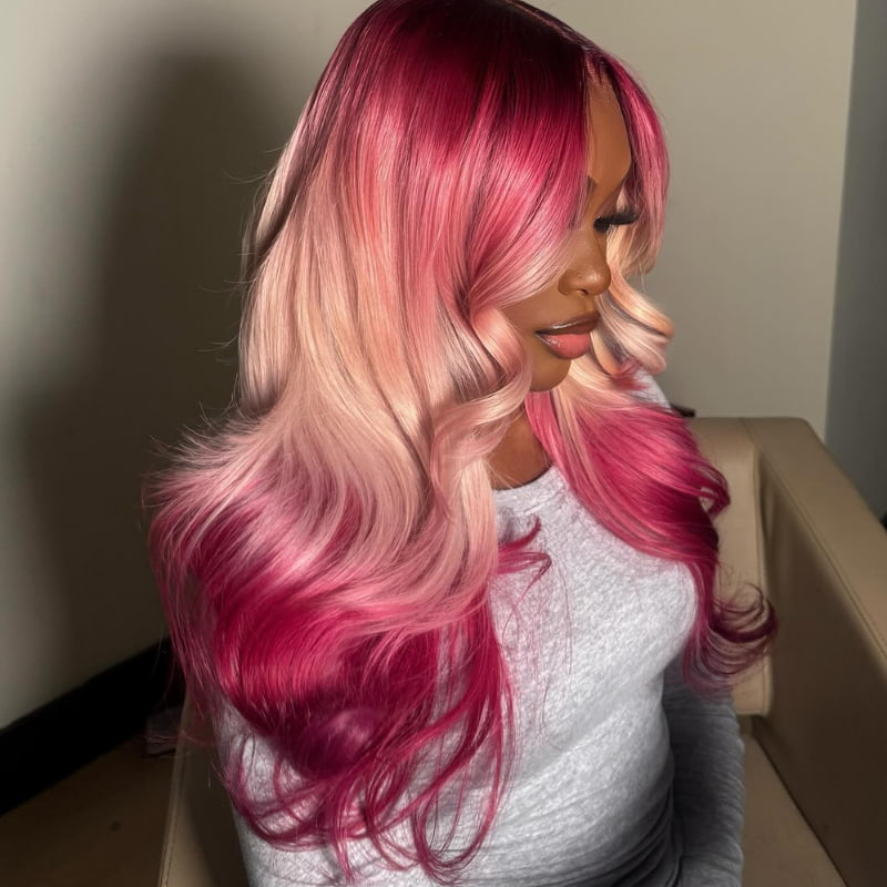 SWAY Halloween Cosplay Ombre Hot Pink Blonde 13x4 Lace Front Virgin Human Hair Wigs