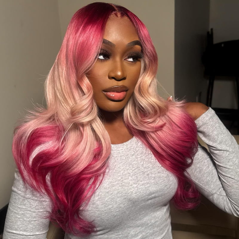 SWAY Halloween Cosplay Ombre Hot Pink Blonde 13x4 Lace Front Virgin Human Hair Wigs
