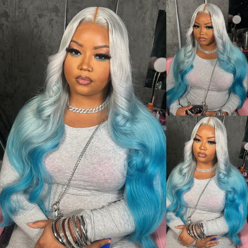 SWAY Ombre Silver Gray Blue Wavy 13x4 Lace Front Virgin Human Hair Wigs 200 Density