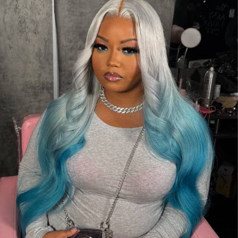 SWAY Ombre Silver Gray Blue Wavy 13x4 Lace Front Virgin Human Hair Wigs 200 Density