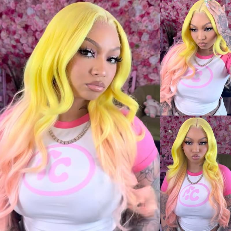 SWAY Ombre Yellow Pink 13x4 Lace Front Virgin Human Hair Wigs 200 Density