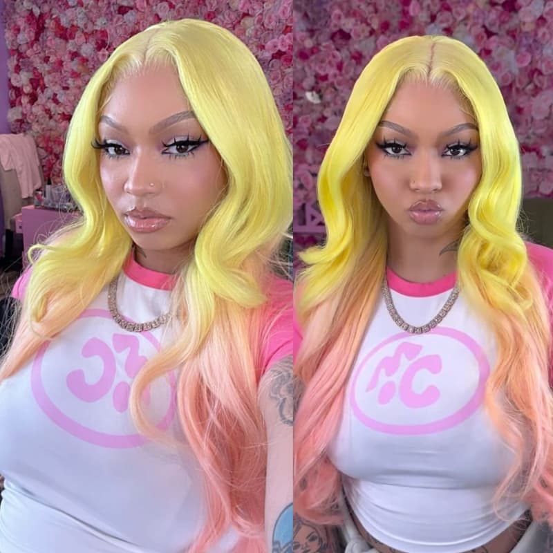 SWAY Ombre Yellow Pink 13x4 Lace Front Virgin Human Hair Wigs 200 Density