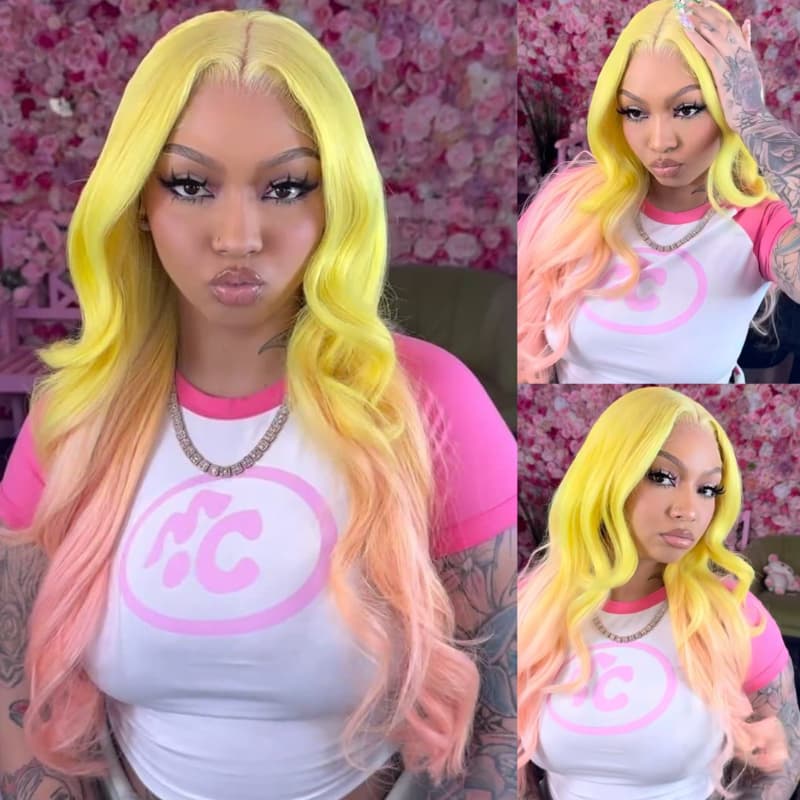 SWAY Ombre Yellow Pink 13x4 Lace Front Virgin Human Hair Wigs 200 Density