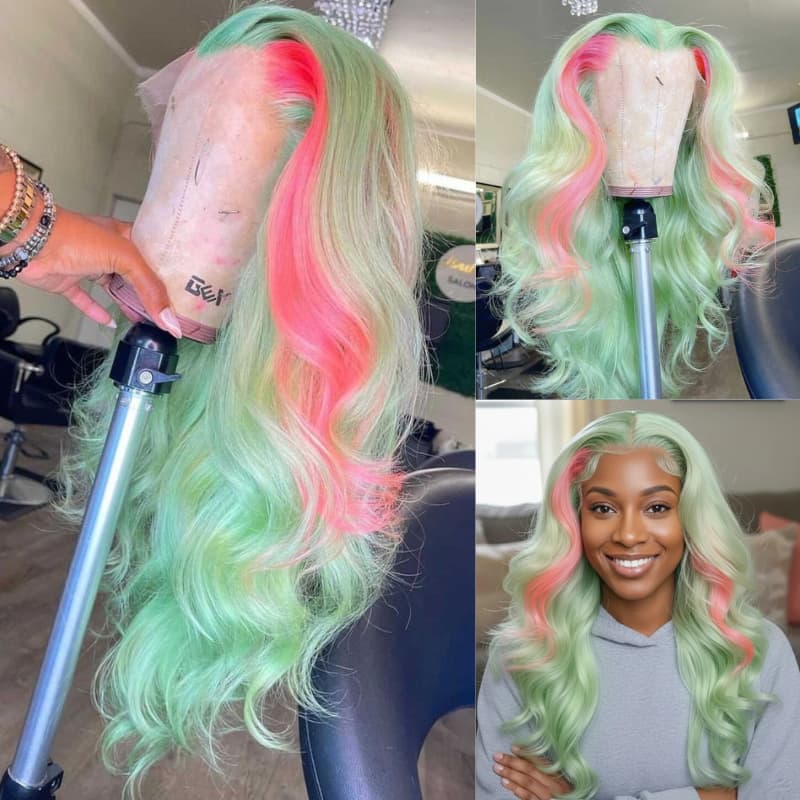 SWAY Pastel Green With Pink Skunk Stripe 13x4 Lace Front Virgin Human Hair Wigs 200 Density