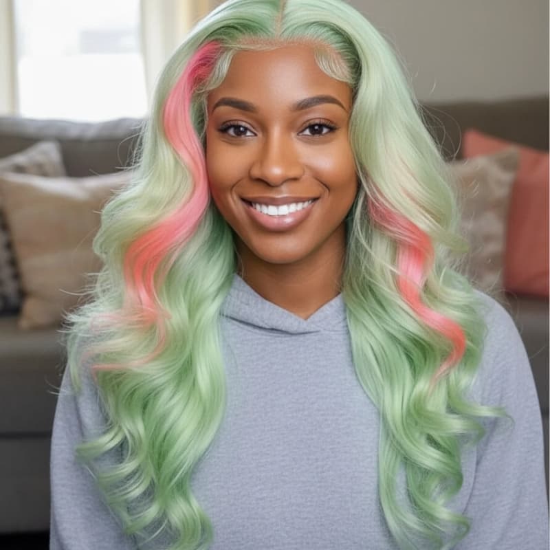SWAY Pastel Green With Pink Skunk Stripe 13x4 Lace Front Virgin Human Hair Wigs 200 Density